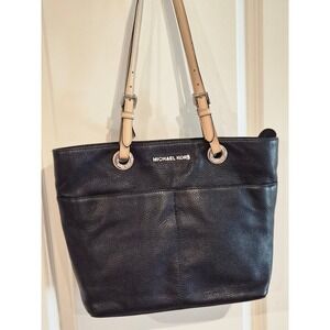 Michael Kors Bedford Black Pebbled Leather Tote Bag Silver Hardware Womens